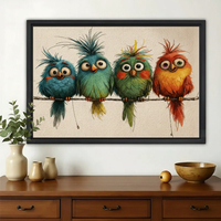Four Crazy Colorful Birds on a Wire Wall Art – Funny Cartoon Canvas Print on Natural Wood Frame