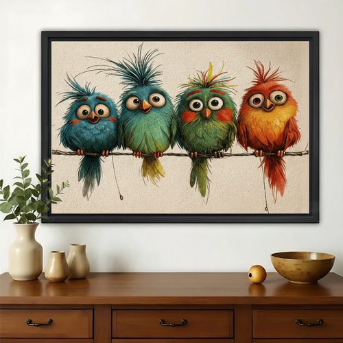 Four Crazy Colorful Birds on a Wire Wall Art – Funny Cartoon Canvas Print on Natural Wood Frame