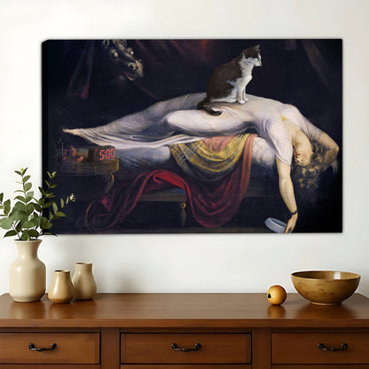 Black Cat on Classic Painting – Artistic Parody Wall Art on Natural Wood Canvas