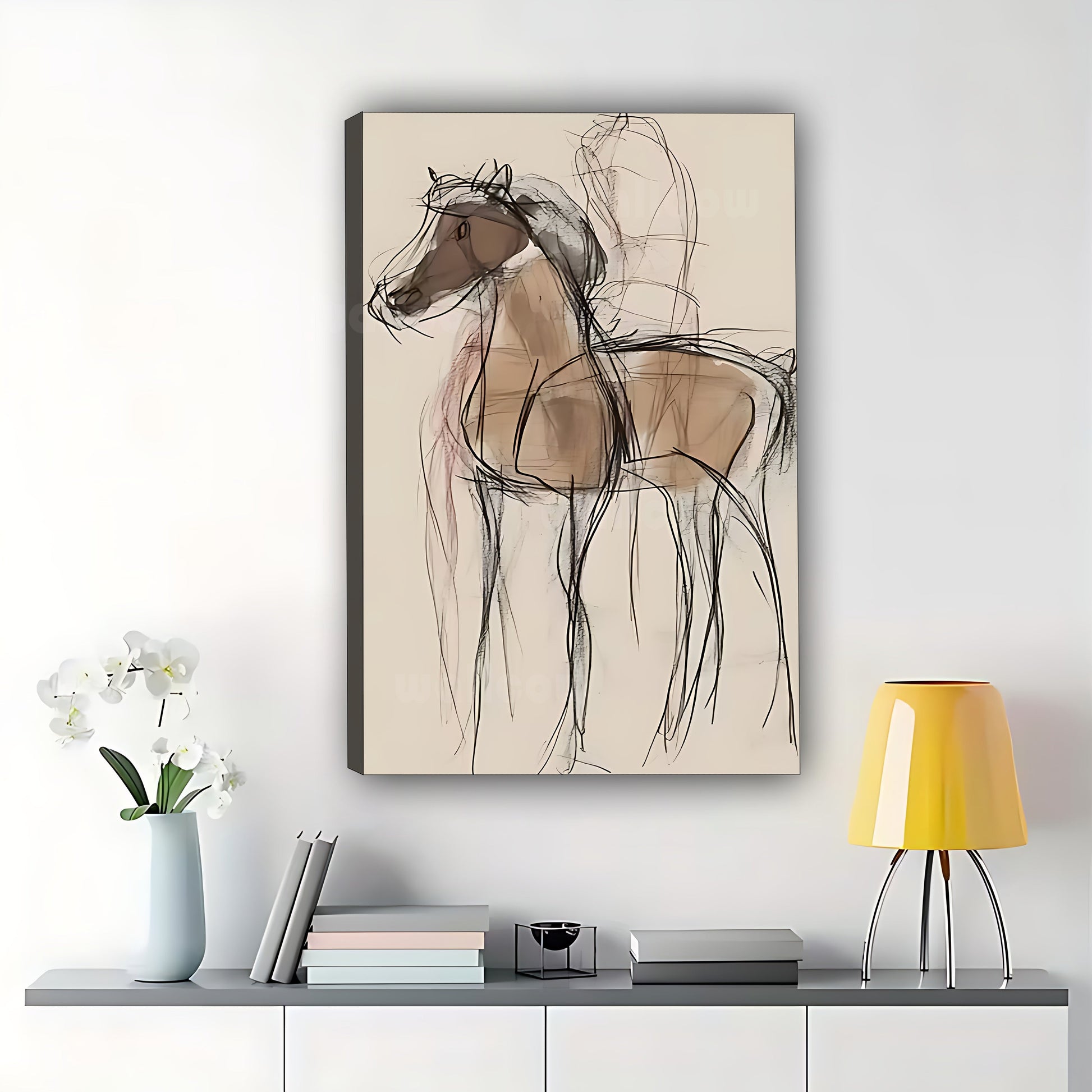 The Minimalist Sketch Horse – Modern Line Art Wall Art on Natural Wood Canvas