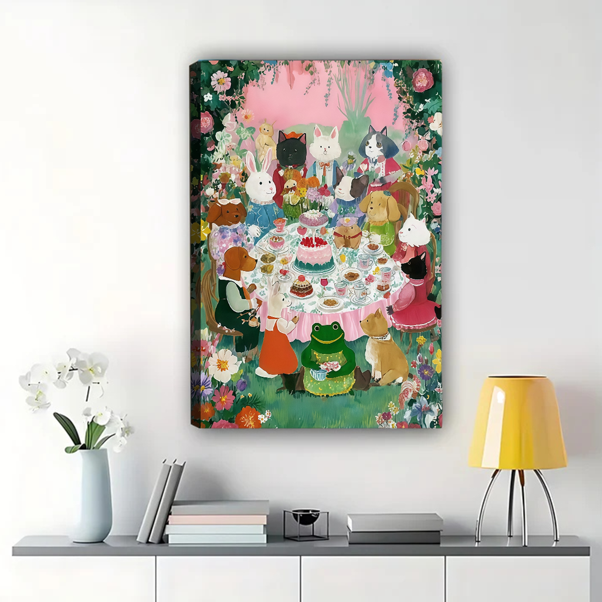 Colorful Cats Tea Party Wall Art - Whimsical Canvas Print