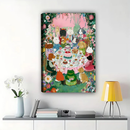 Colorful Cats Tea Party Wall Art - Whimsical Canvas Print