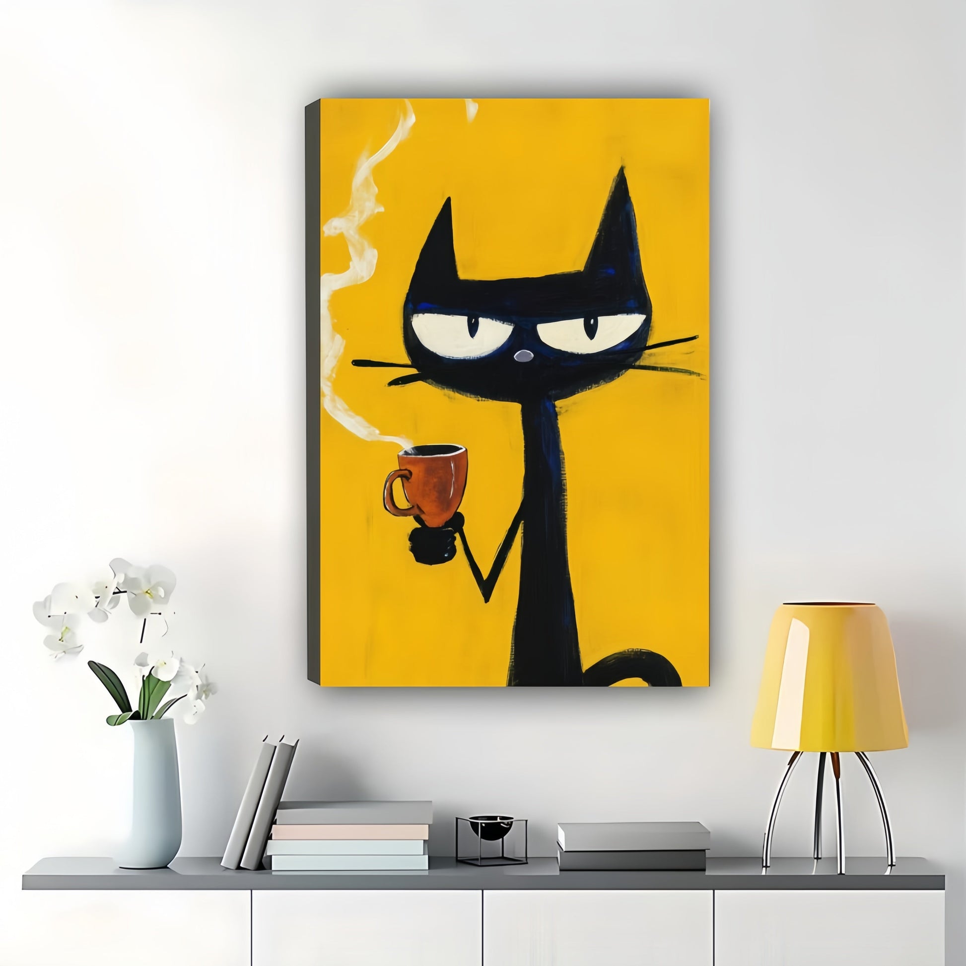 Retro Sassy Black Cat with Coffee Cup – Bold Yellow Background Wall Art on Natural Wood Canvas