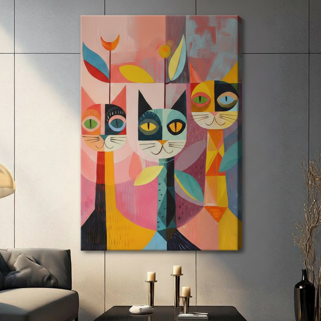 Colorful Pop Art Three Cats Canvas Wall Art