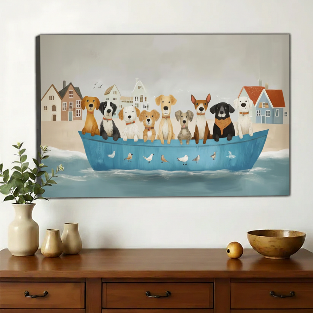 Whimsical Dog Noah’s Ark – Playful Nautical Pet Wall Art on Natural Wood Canvas