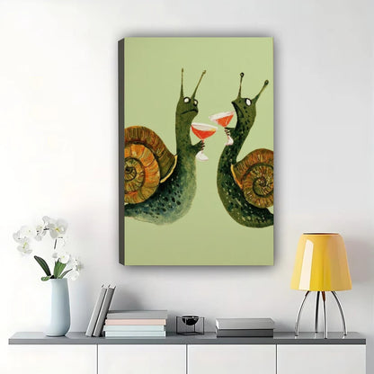Snails Toasting with Wine Wall Art – Cute Whimsical Snail Couple Canvas Print on Natural Wood Frame