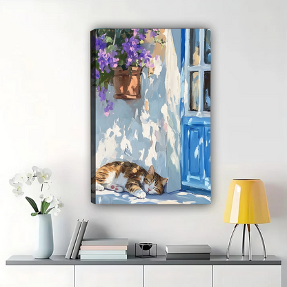 Sleeping Cat with Purple Flowers Canvas Wall Art - Mediterranean Blue Door Print