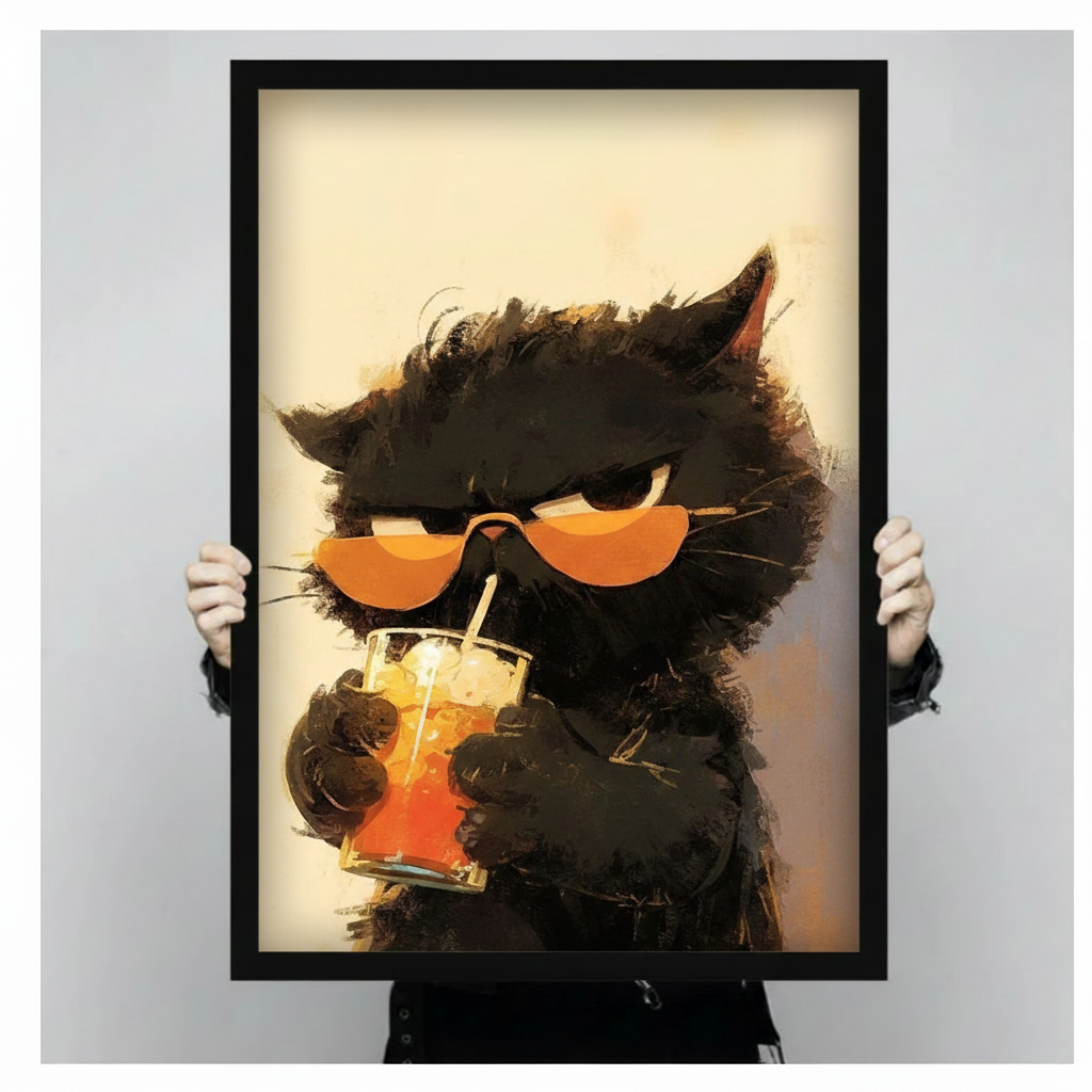 Cool Black Cat Iced Drink Impasto Canvas Wall Art