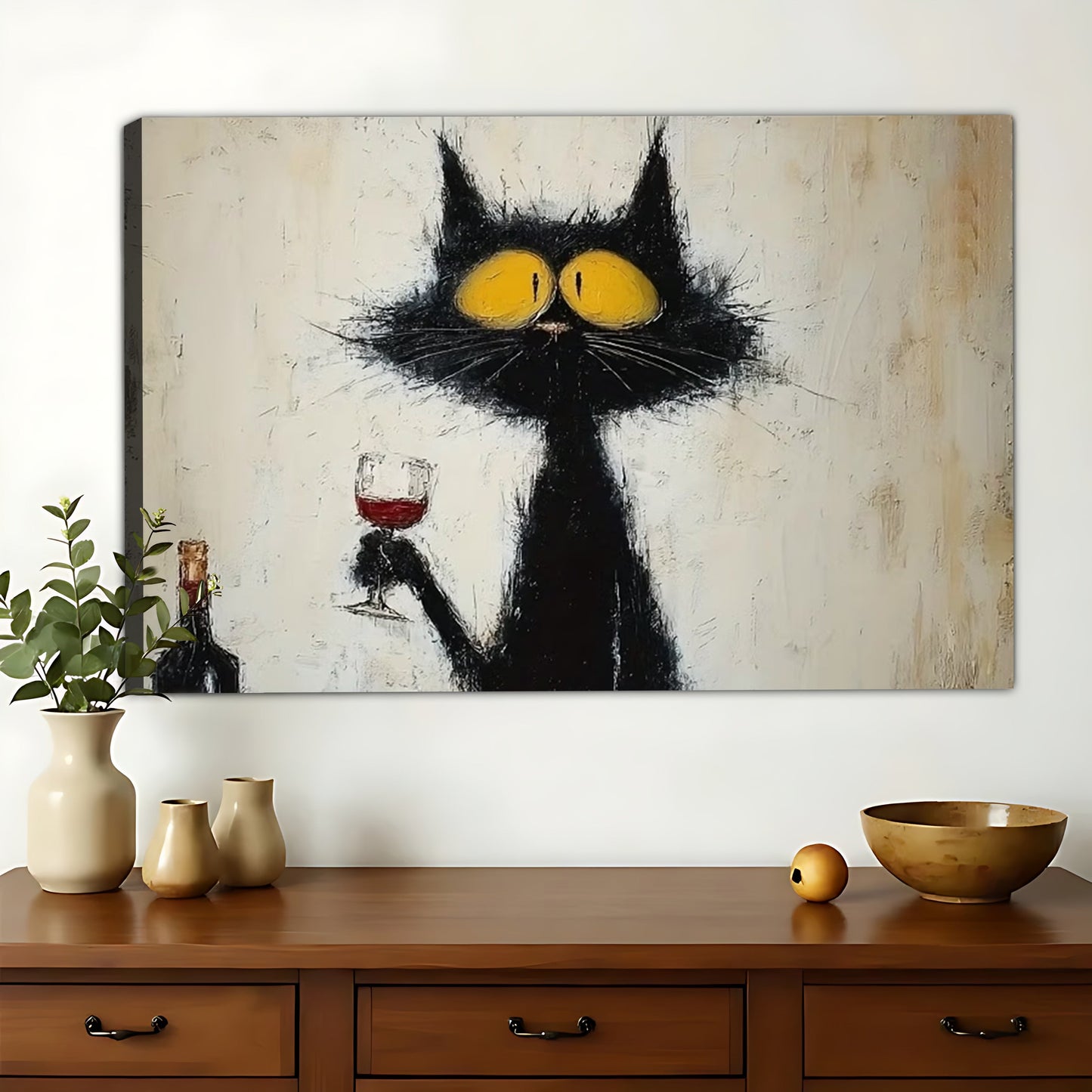 Black Cat with Wine Glass – Retro Cocktail Wall Art on Natural Wood Canvas