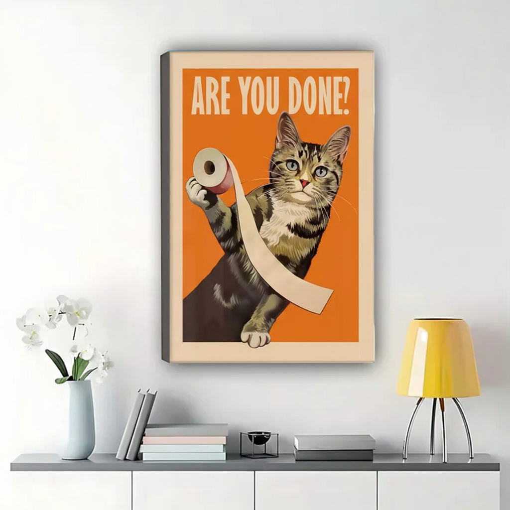 Are You Done? Cat with Toilet Paper Wall Art – Funny Retro Cat Canvas Print on Natural Wood Frame