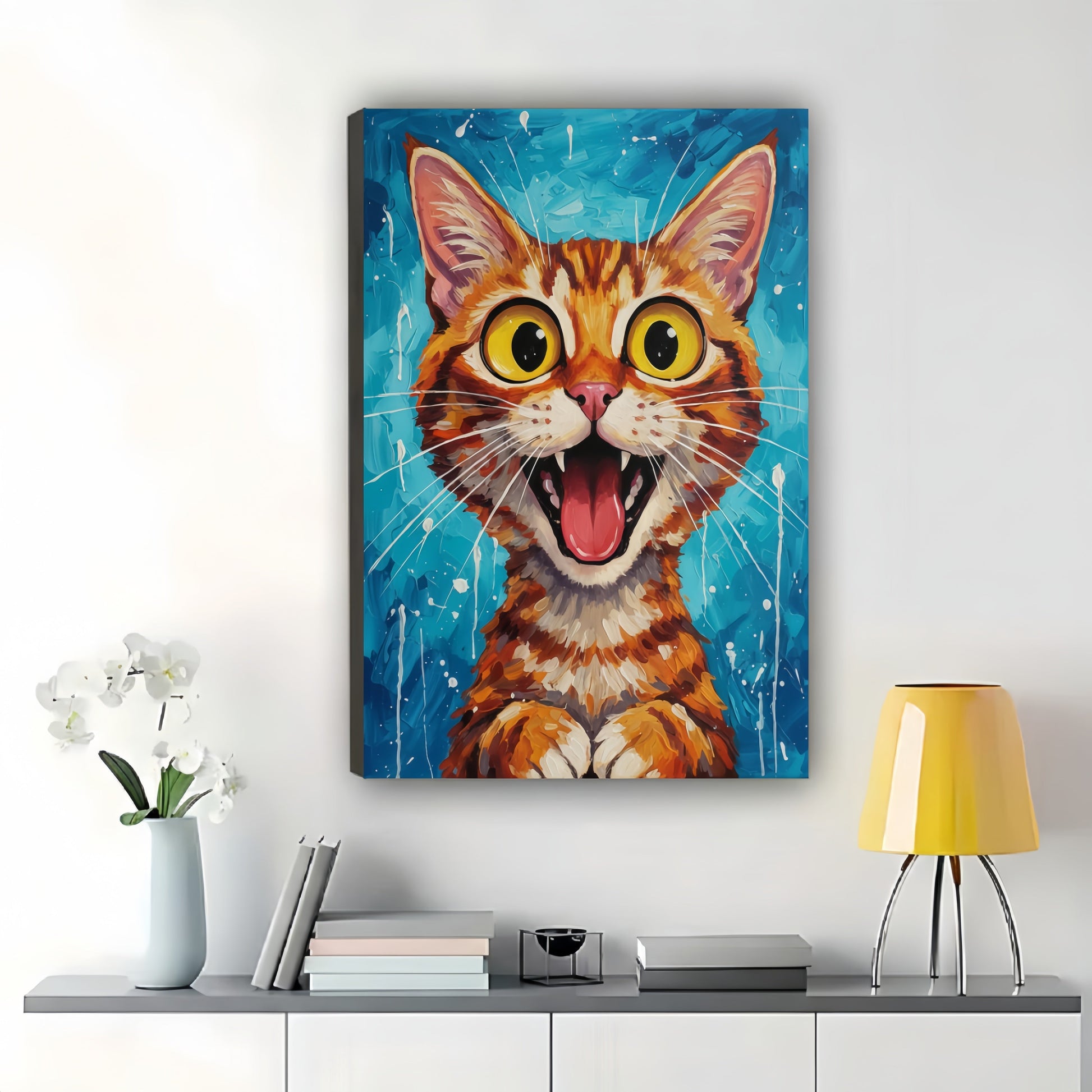 The Wide-Eyed Surprised Tabby – Vibrant Artistic Wall Art on Natural Wood Canvas