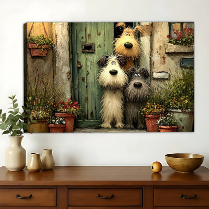 Three Dogs at Cottage Door – Whimsical Vintage Town Illustration Wall Art on Natural Wood Canvas