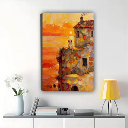 Sunset Seaside Dog Wall Art – Warm Impressionist Dog Canvas Print on Natural Wood Frame