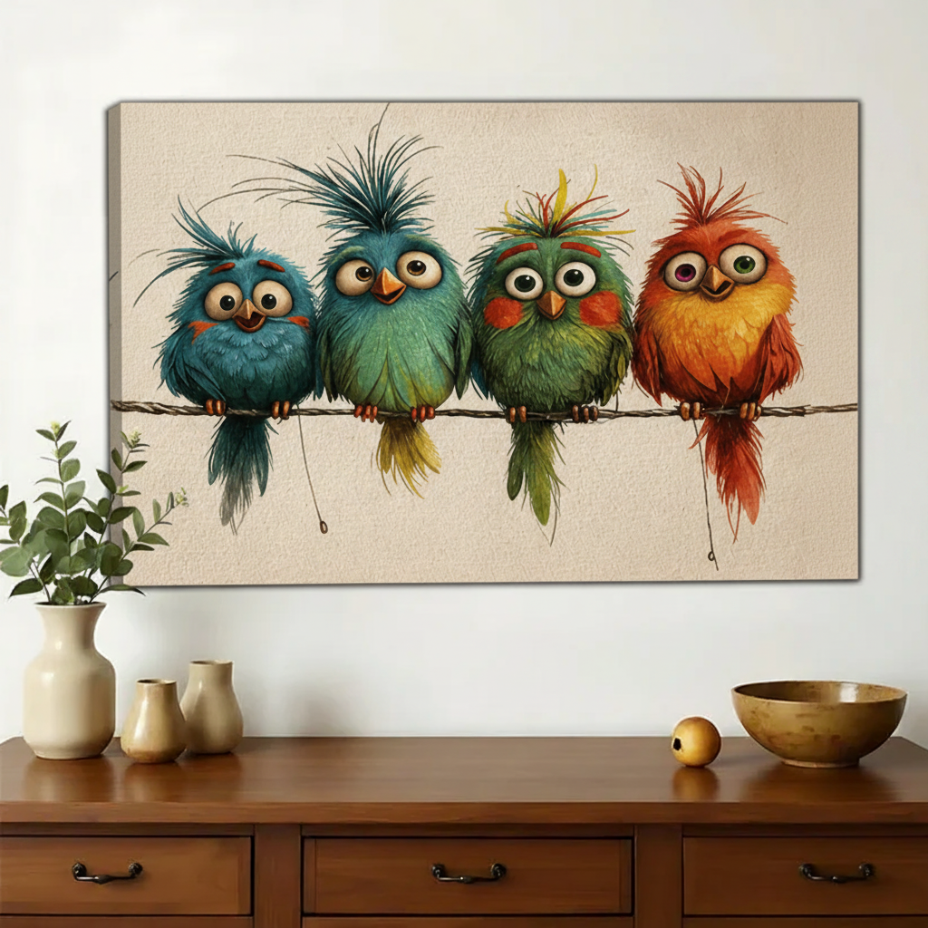 Four Crazy Colorful Birds on a Wire Wall Art – Funny Cartoon Canvas Print on Natural Wood Frame