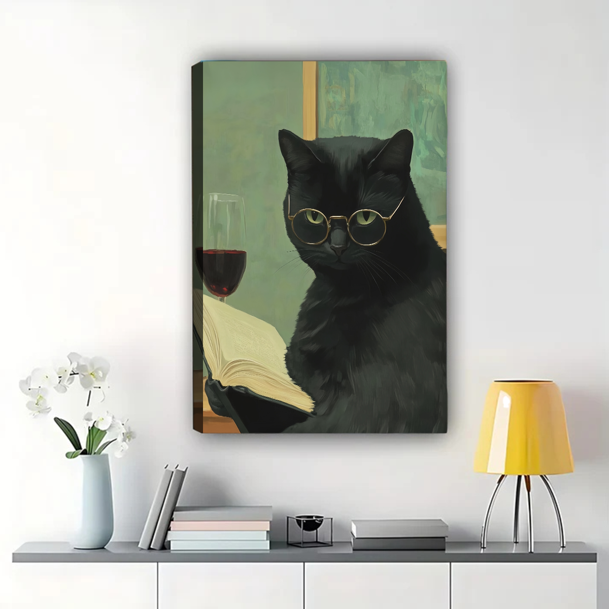 Sophisticated Cat with Wine Wall Art - Funny Cat Canvas Print