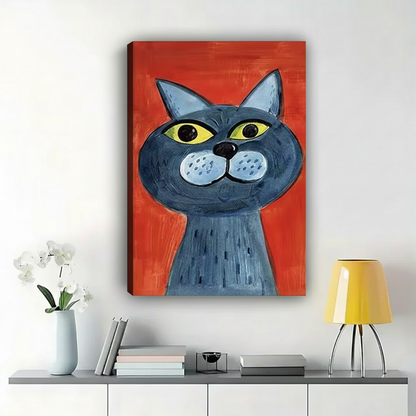 Blue Cat on Red Wall Art – Bold Neo-Expressionist Canvas Print on Natural Wood Frame
