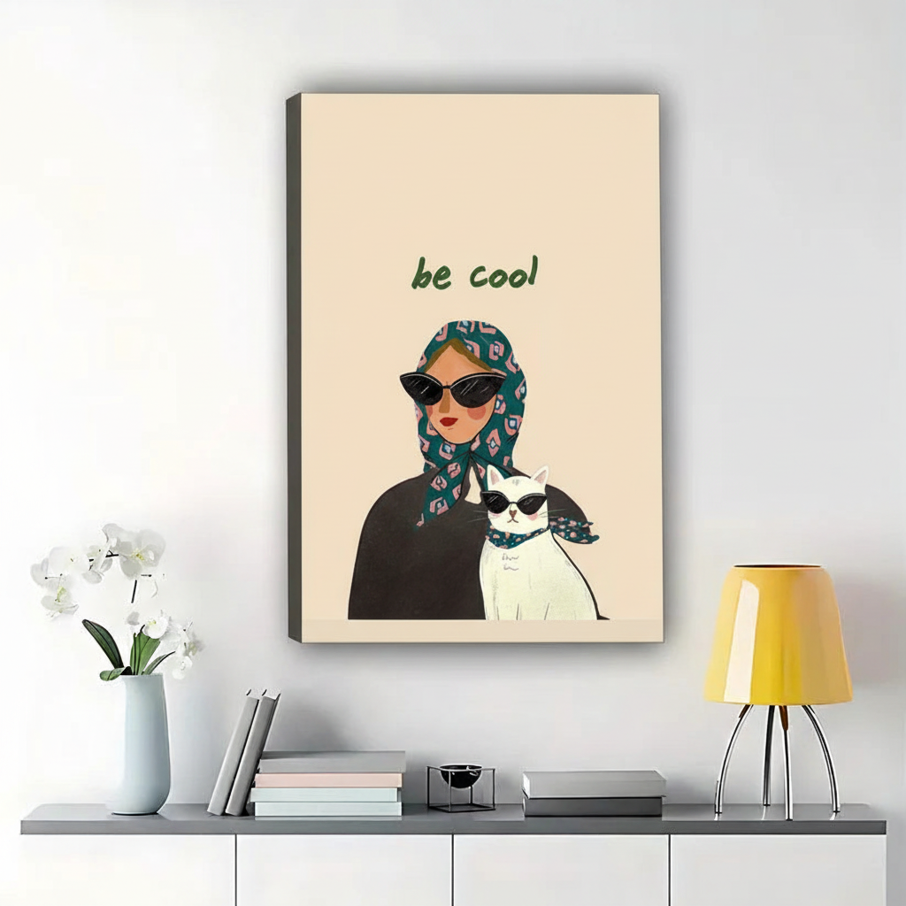 Be Cool Woman with Cool Cat – Modern Retro Fashion Wall Art on Natural Wood Canvas