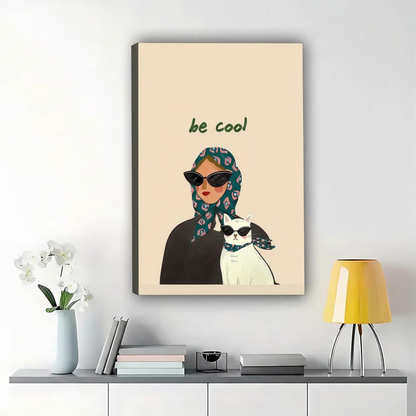 Be Cool Woman with Cool Cat – Modern Retro Fashion Wall Art on Natural Wood Canvas