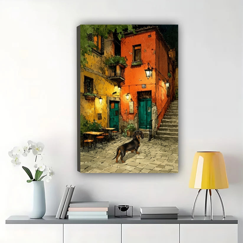 Mediterranean Town Dachshund Wall Art – Warm European Street Landscape Framed Painting