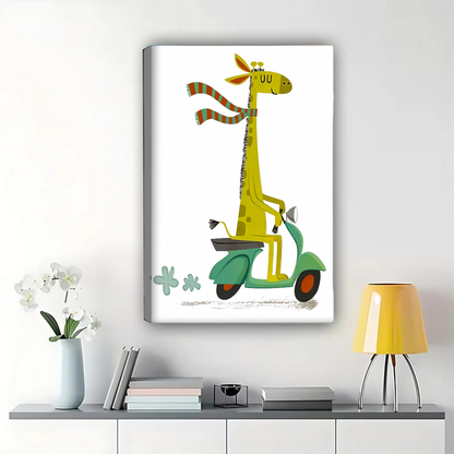 Giraffe on Scooter Wall Art - Whimsical Kids Room Decor Print