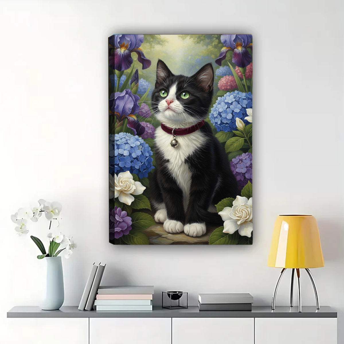 Tuxedo Cat in Flower Garden Canvas Art - Blue Hydrangeas & Irises