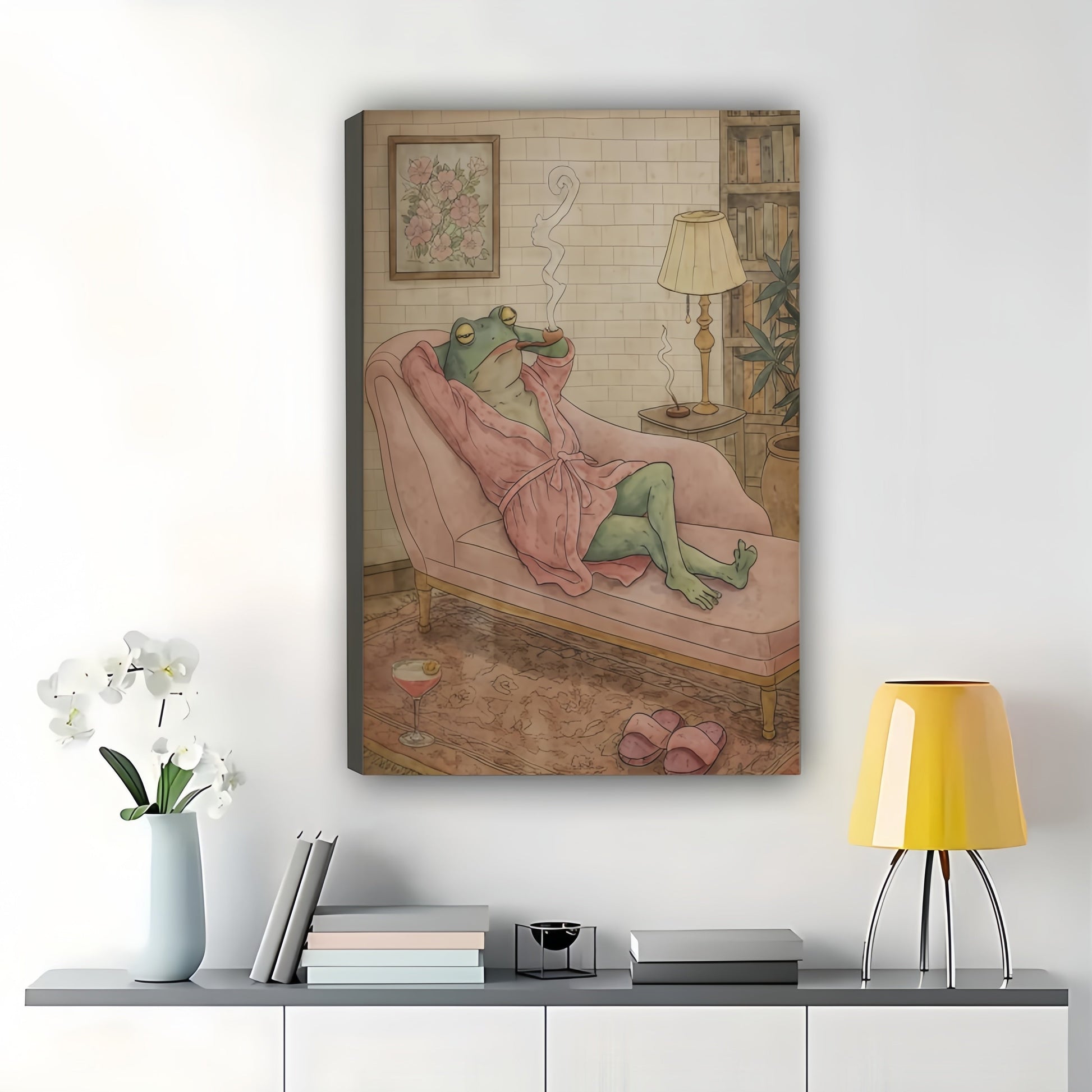 Frog in Pink Robe on Lounge Chair – Retro Whimsical Wall Art on Natural Wood Canvas