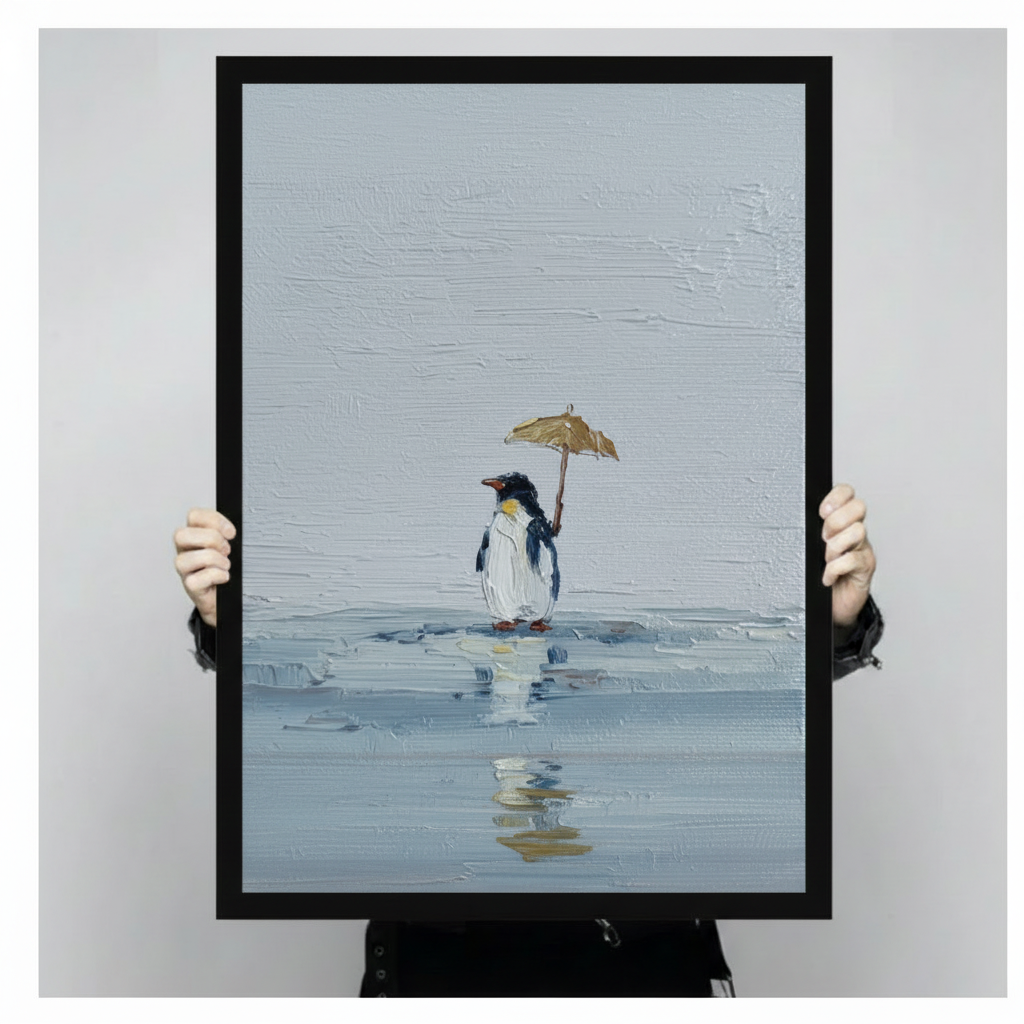 Lonely Penguin Umbrella Oil Painting Canvas Wall Art