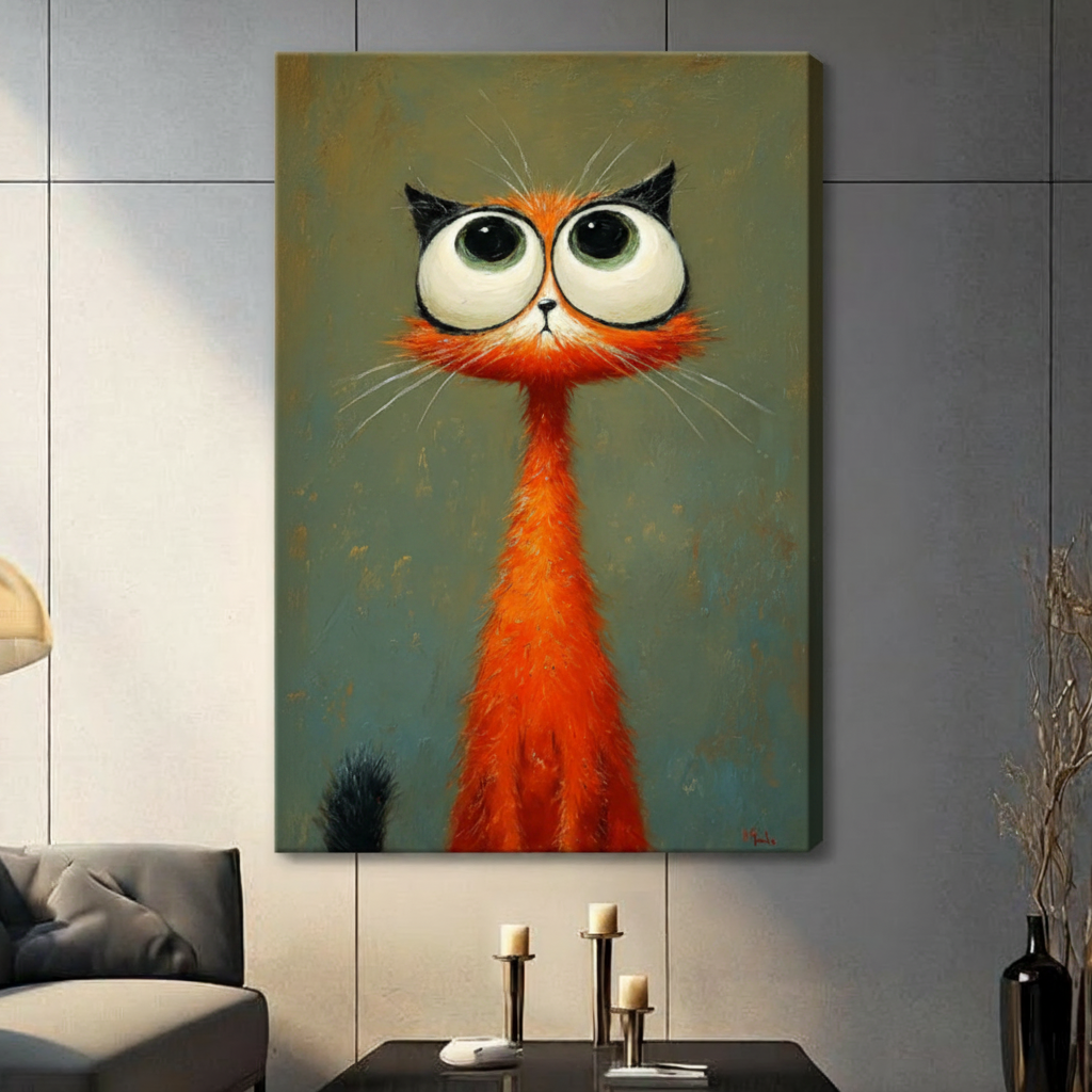 Orange Big-Eye Cat Quirky Impasto Canvas Wall Art