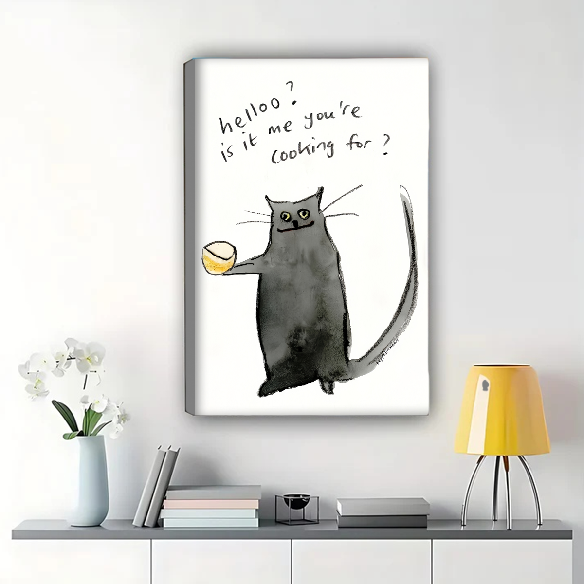 Cat with Bowl Wall Art - Funny Kitchen Humor Print