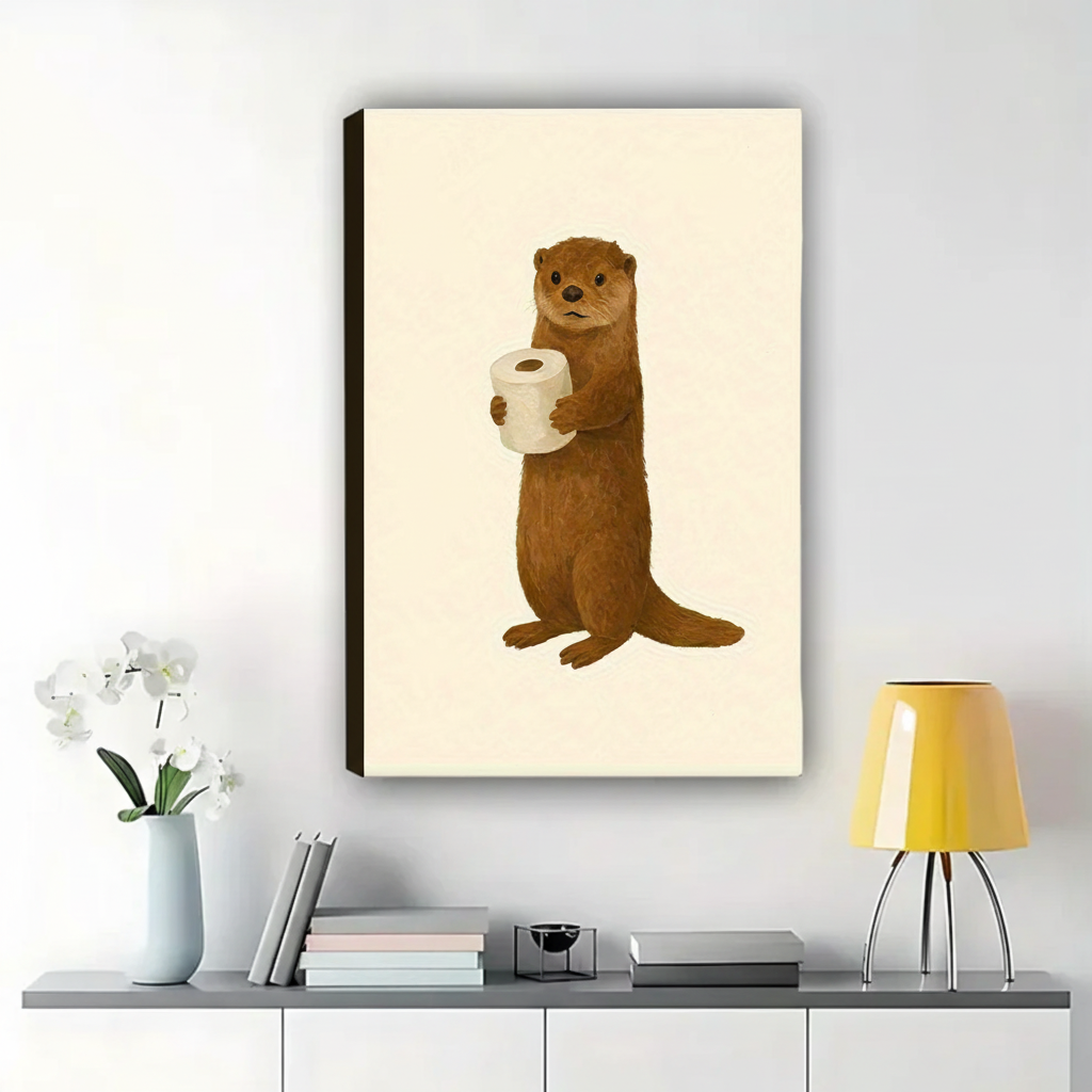 Otter with Toilet Paper Wall Art – Cute Bathroom Animal Canvas Print on Natural Wood Frame