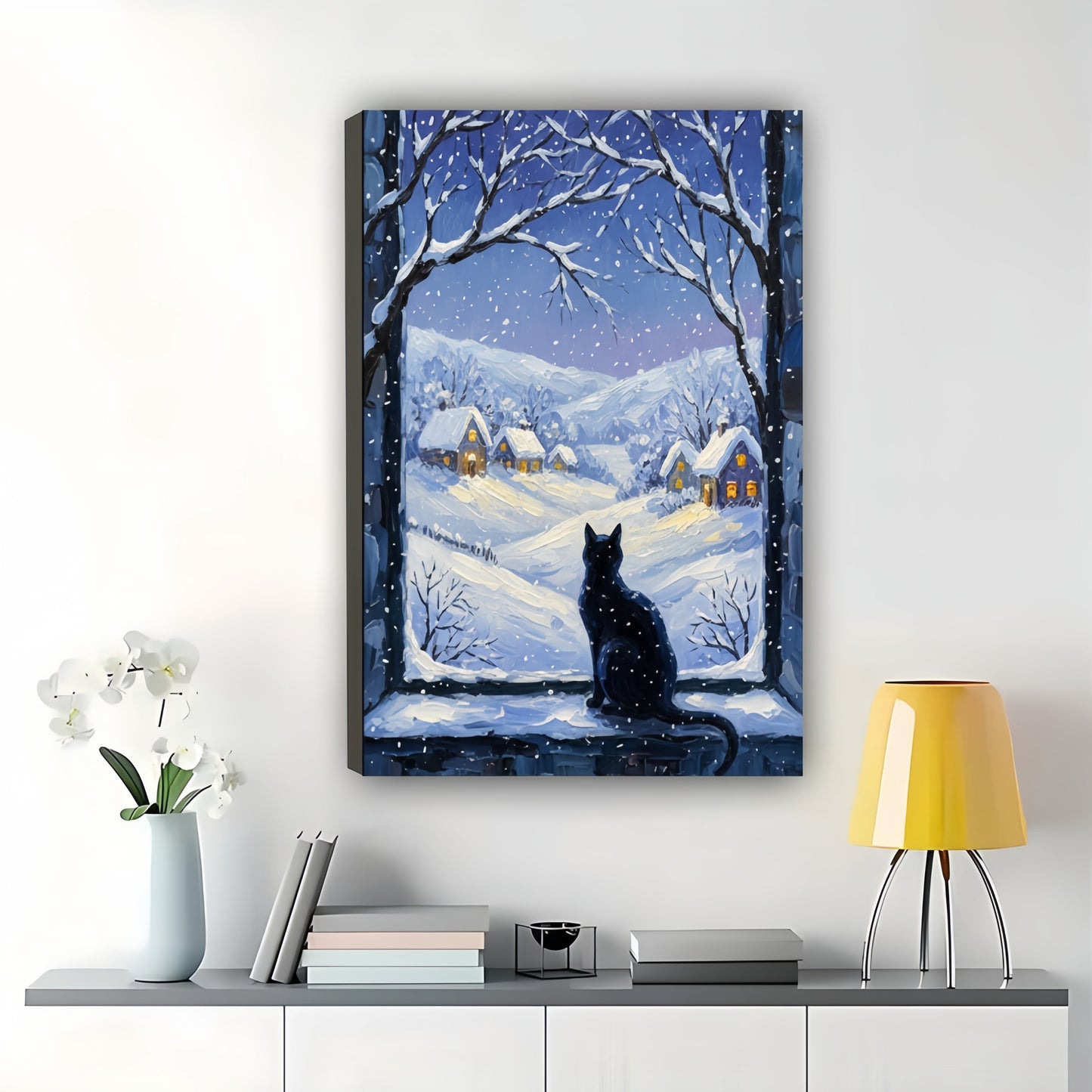 The Snowy Window Black Cat – Cozy Winter Wall Art on Natural Wood Canvas