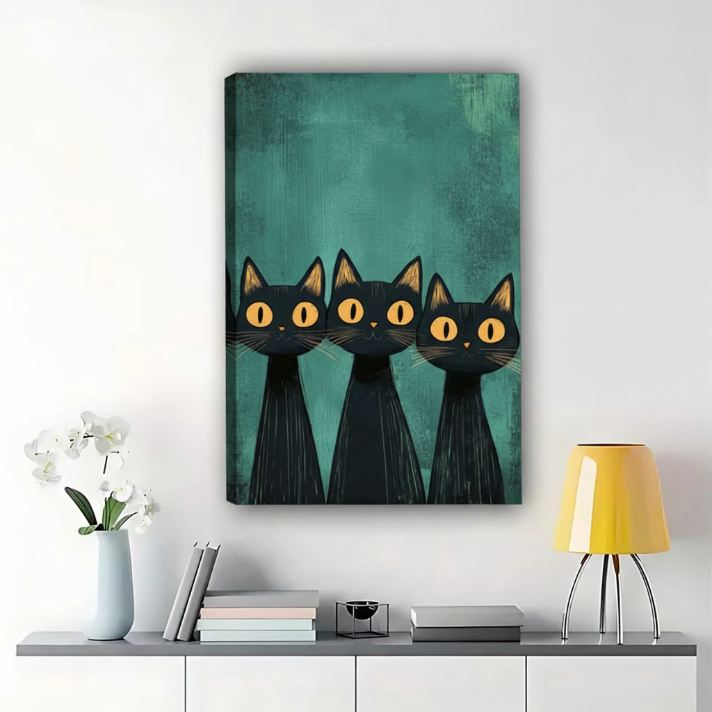 Three Black Cats – Minimalist Modern Style Natural Wood Grain Canvas Wall Art