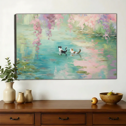 Monet-Inspired Water Lily Cats Wall Art – Dreamy Floral Cat Canvas Print on Natural Wood Frame