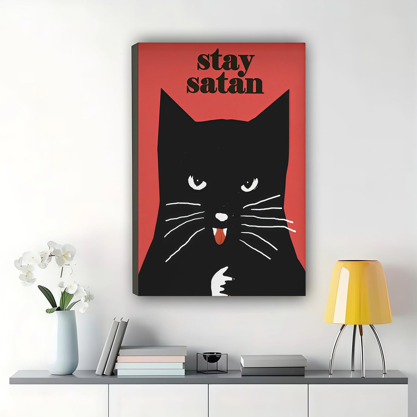 Stay Satan Sassy Black Cat – Retro Humorous Wall Art on Natural Wood Canvas