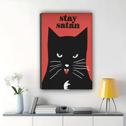 Stay Satan Sassy Black Cat – Retro Humorous Wall Art on Natural Wood Canvas