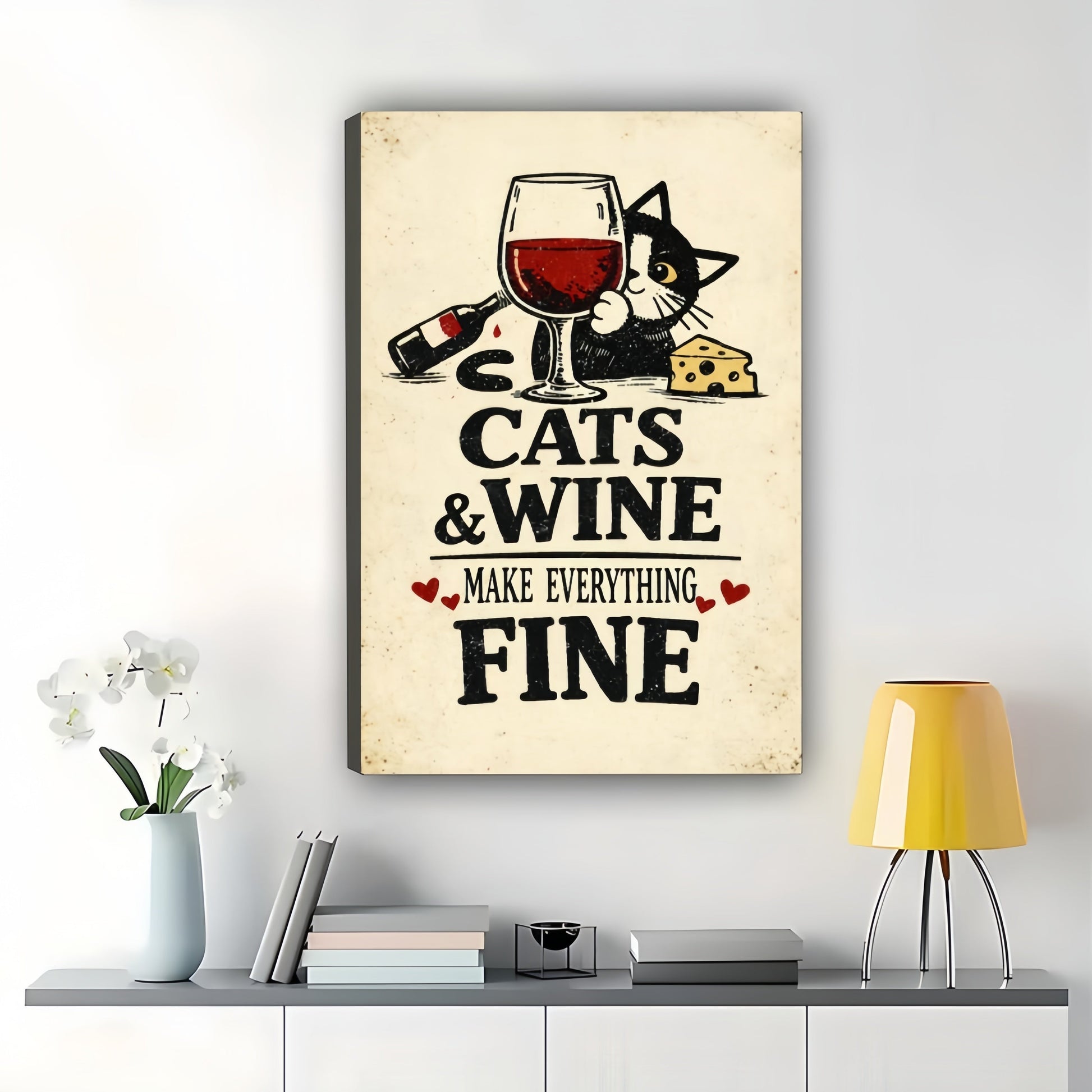 Cats & Wine Make Everything Fine – Vintage Retro Cat Bar Wall Art on Natural Wood Canvas