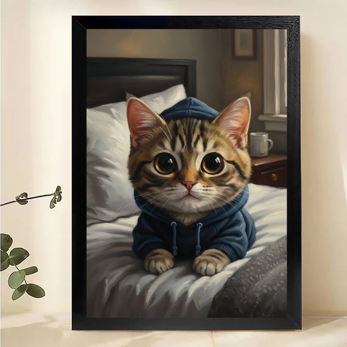 Cozy Cat in Hoodie Art Print - Cute Tabby Kitten Bedroom Wall Decor Canvas Wall Art