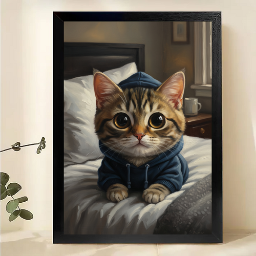 Cozy Cat in Hoodie Art Print - Cute Tabby Kitten Bedroom Wall Decor Canvas Wall Art
