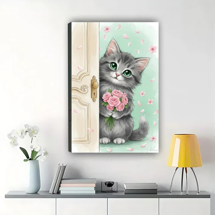 Cute Kitten with Roses Canvas Art – Adorable Cat Peeking Wall Print
