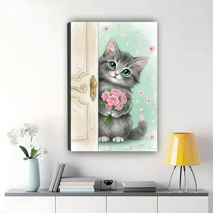 Cute Kitten with Roses Canvas Art – Adorable Cat Peeking Wall Print
