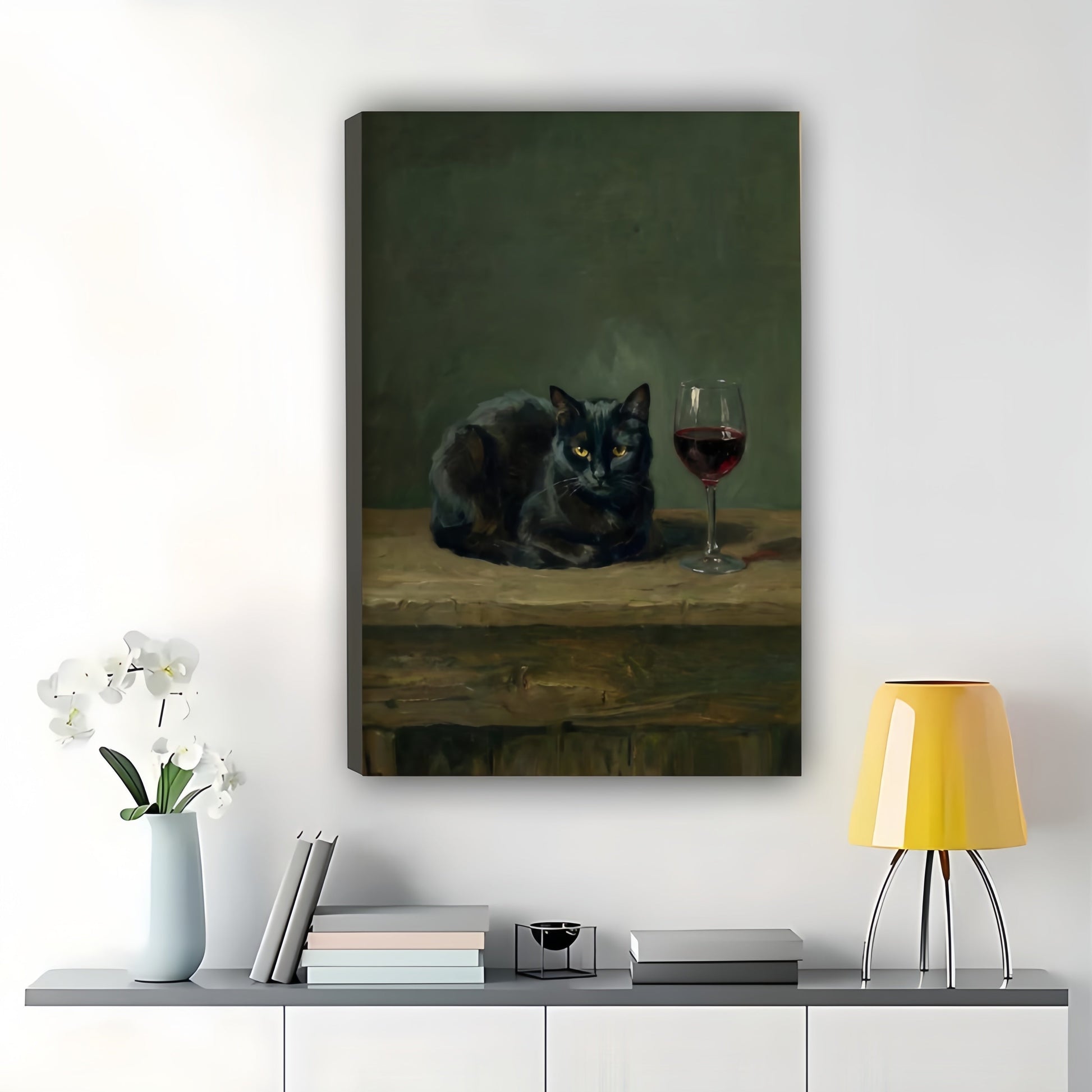 Vintage Style Black Cat with Wine Glass – Classic Oil Painting Wall Art on Natural Wood Canvas