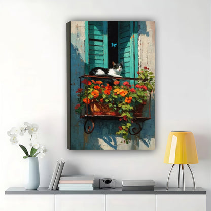 Cat on Balcony with Flowers Wall Art – Charming Mediterranean Cat Canvas Print on Natural Wood Frame