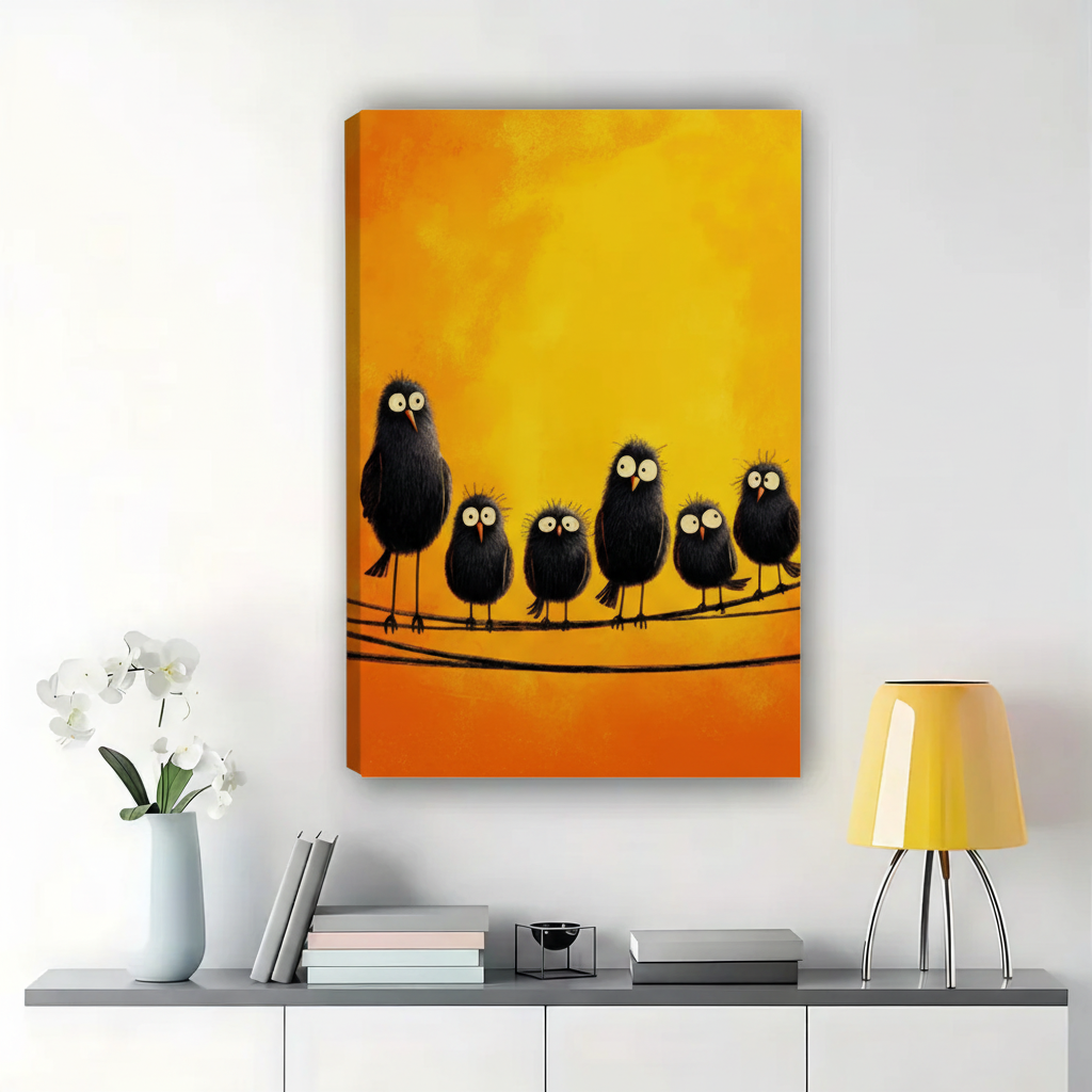 Fluffy Black Birds on a Wire Wall Art – Quirky Illustrated Animal Canvas Print on Natural Wood Frame