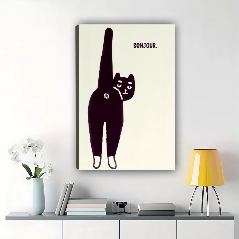 Bonjour Long Leg Black Cat – Minimalist Whimsical Wall Art on Natural Wood Canvas