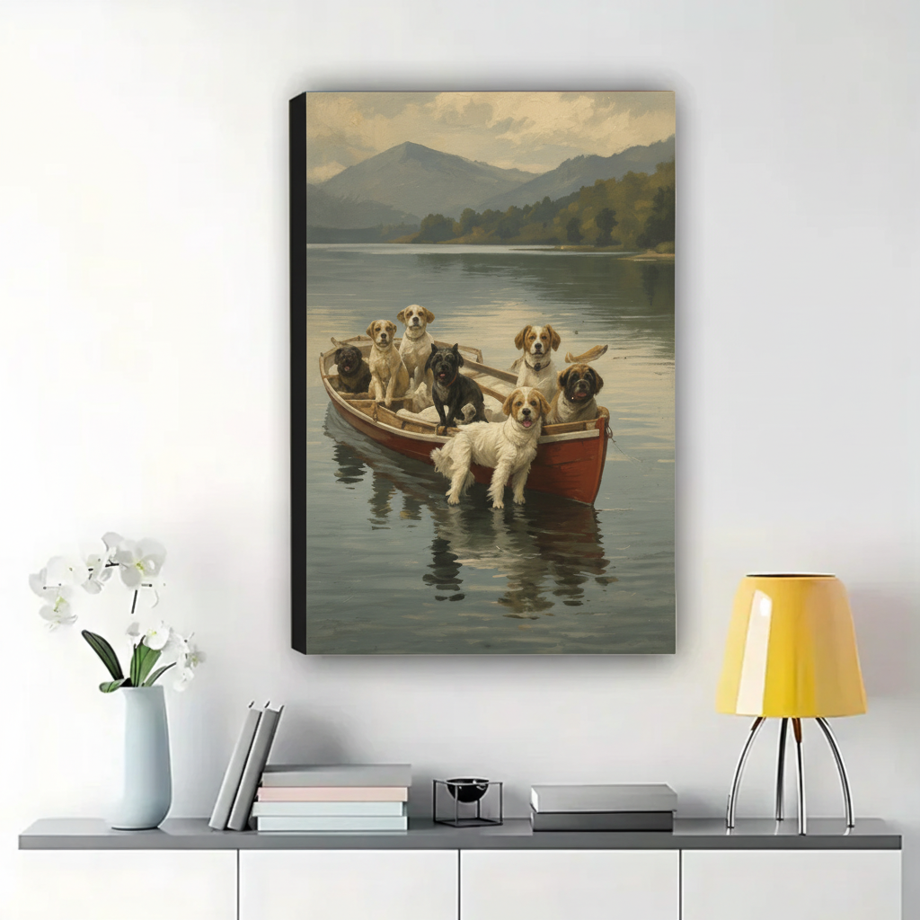 Seven Dogs in a Rowboat Wall Art – Classic Vintage Dog Canvas Print on Natural Wood Frame