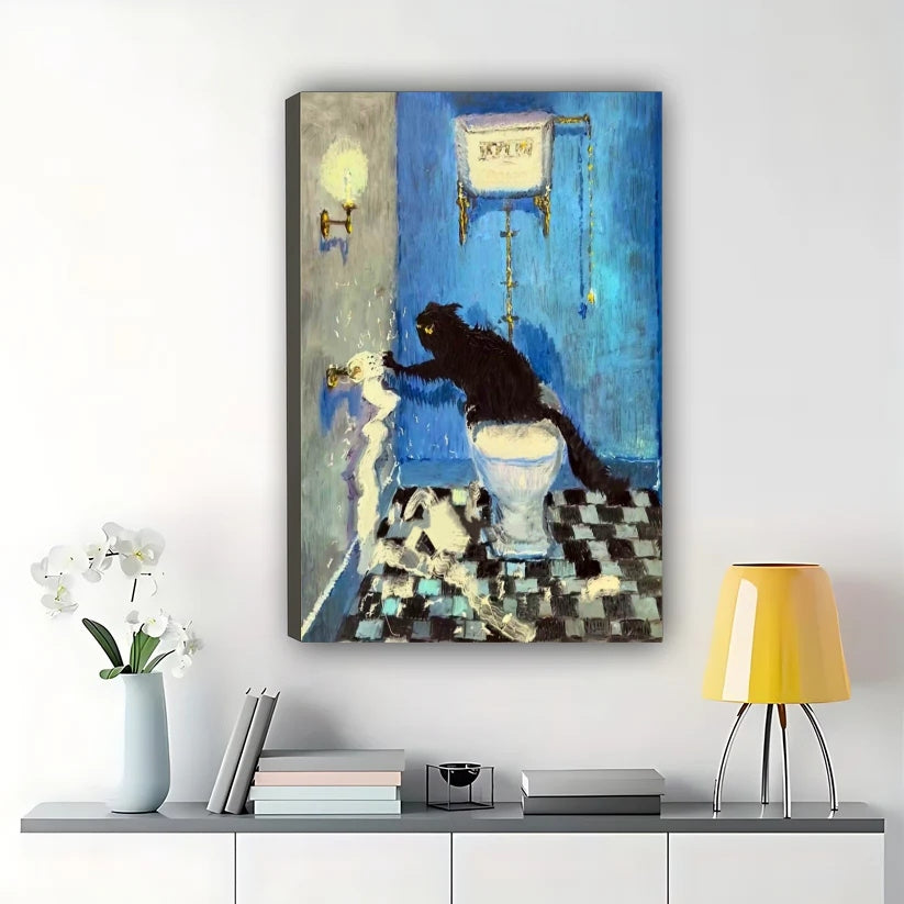 Black Cat Flushing Toilet – Humorous Bathroom Art Parody Wall Art on Natural Wood Canvas