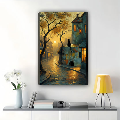 Rainy Cobblestone Town Black Cat – Moody Vintage Wall Art on Natural Wood Canvas