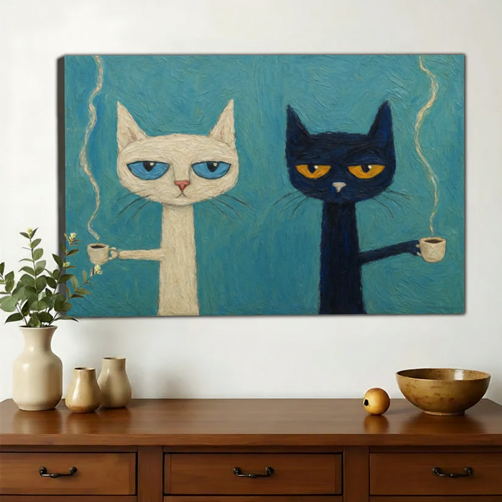 Two Cats with Coffee Wall Art – Quirky Retro Cat Canvas Print on Natural Wood Frame