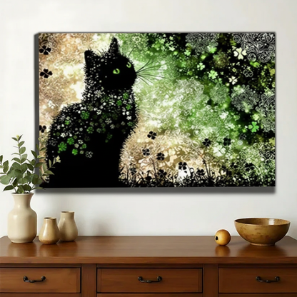 Black Cat in Clover Garden Wall Art – Enchanted Botanical Fantasy Canvas Print on Natural Wood Frame