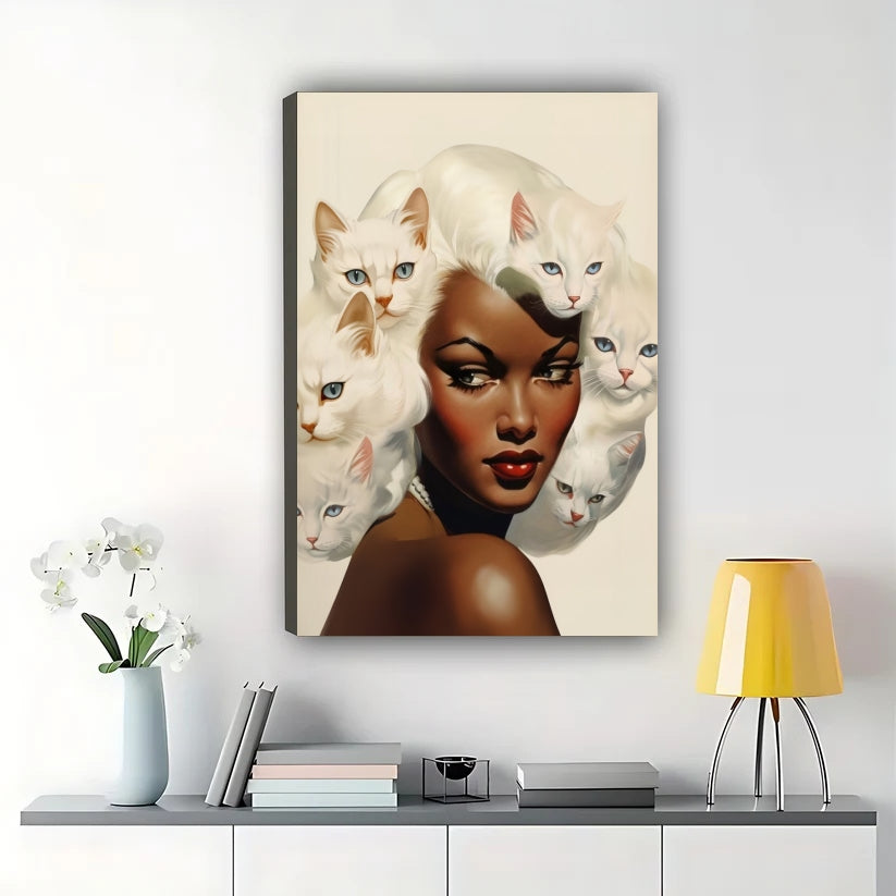 Cat Hair Woman Portrait – Surreal Art Parody Wall Art on Natural Wood Canvas